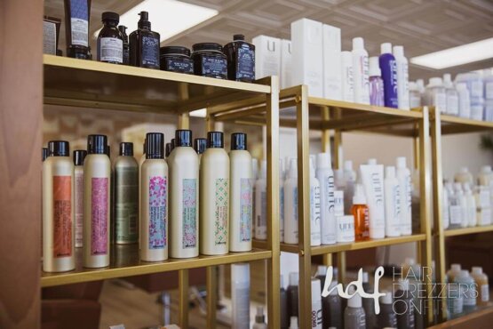 Dozens of hair care products on shelves